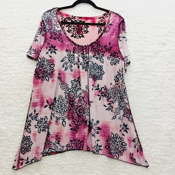 Blouse Size 1XL Boho Pink Black Floral Sharkbite Romantic Fairy Goth Witchy Y2K - Picture 10 of 12